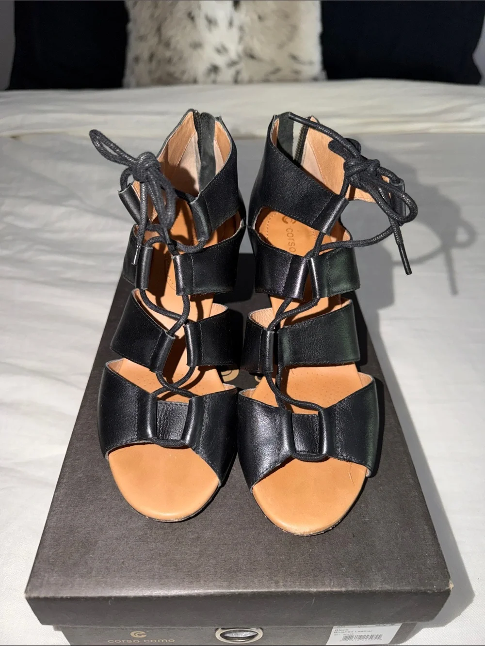 Corso Como Black Lace-Up Strappy Block Heel Sandals